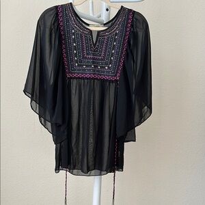 Elegant Black Sheer Top with Pink Embroidery